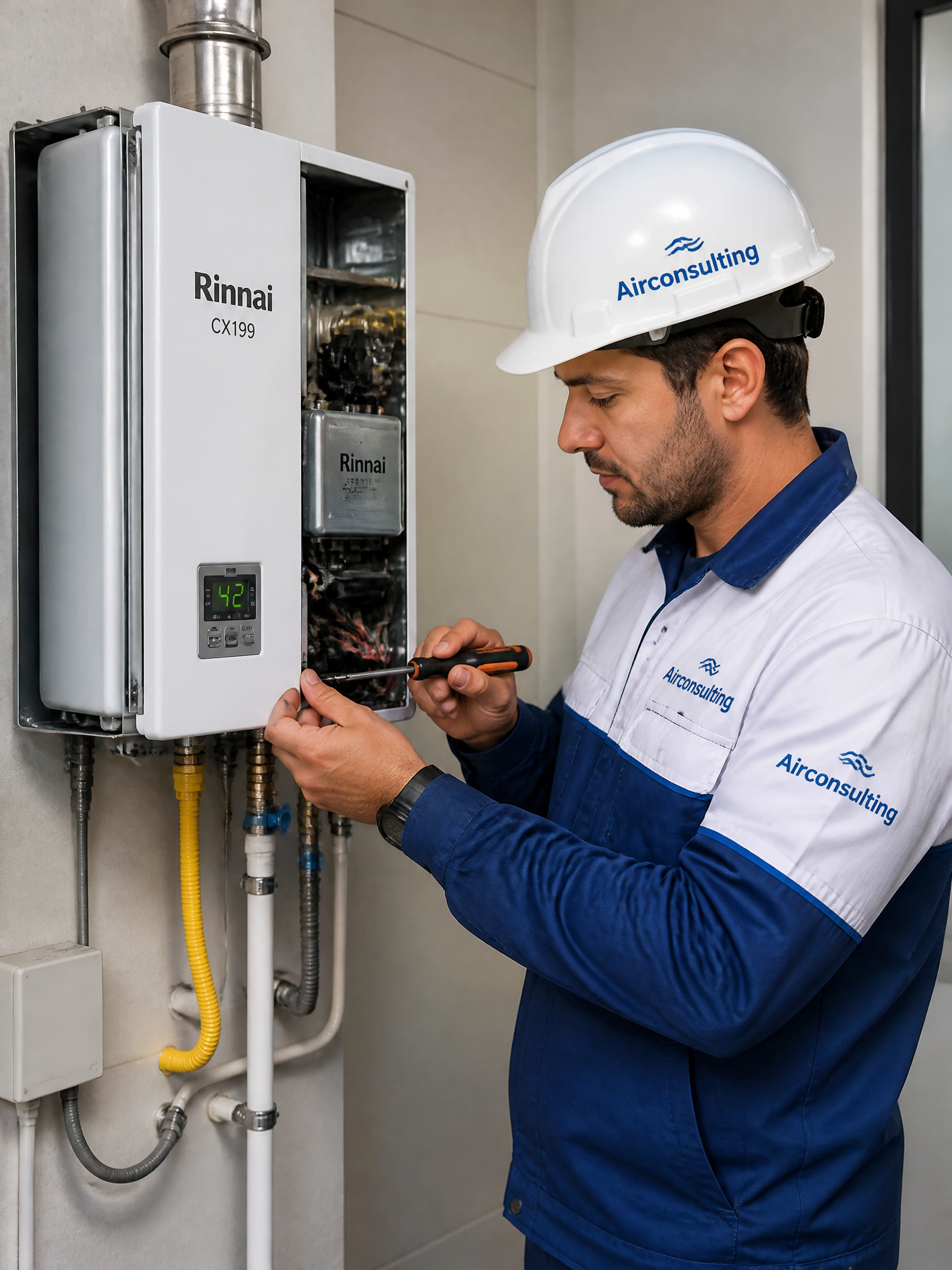 Técnico instalando calentador Rinnai CX199